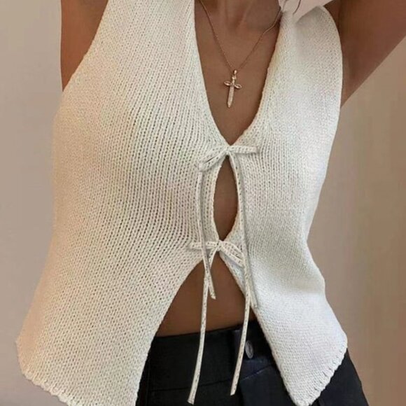 sunsetandshores Sweaters - I-08 🌟 Tie Front Sleeveless Knitted Sweater Vest in Cream